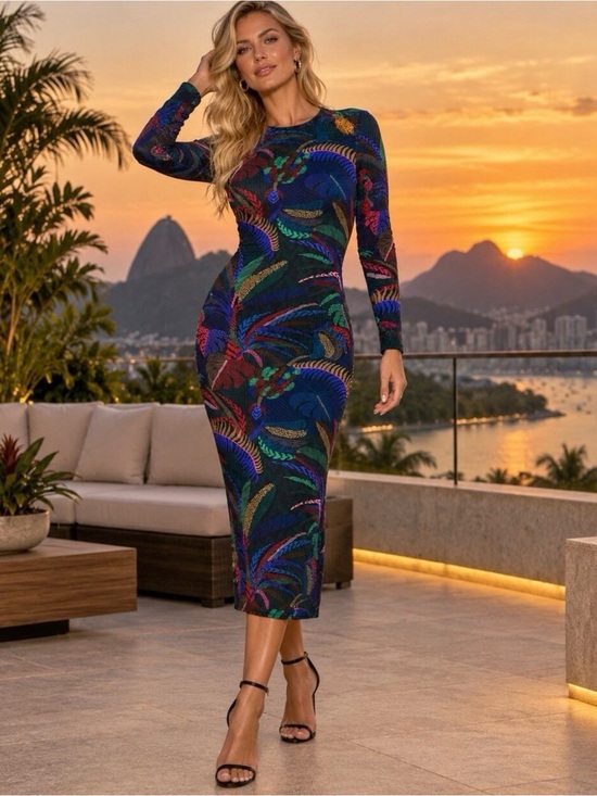 FARM Rio Dresses & Skirts - FARM Rio Amazonia Night Long Sleeve Midi Bodycon Dress S tropical botanical